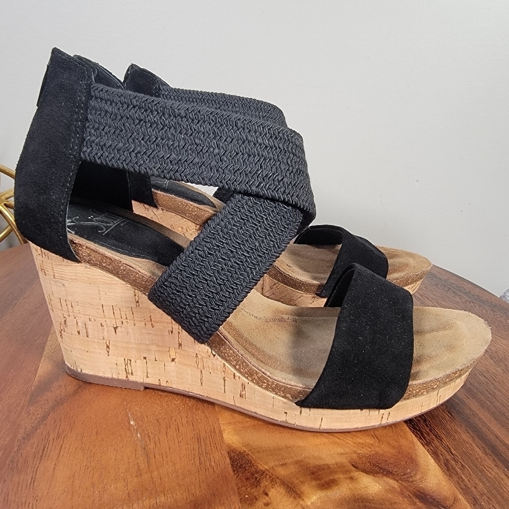Sofft Black Cork Wedge Sandals - Picture 2 of 11